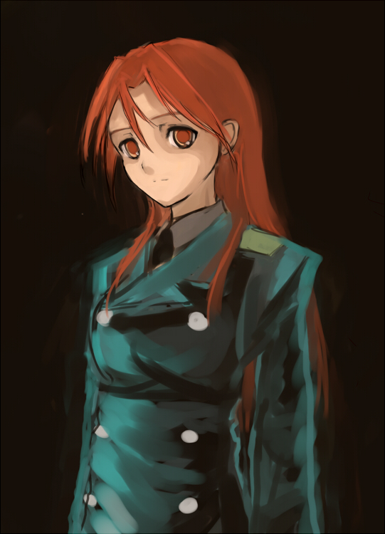 alternate_costume bad_id bad_pixiv_id black_background long_hair long_sleeves military military_uniform minna-dietlinde_wilcke posidoc red_eyes red_hair solo strike_witches uniform world_witches_series