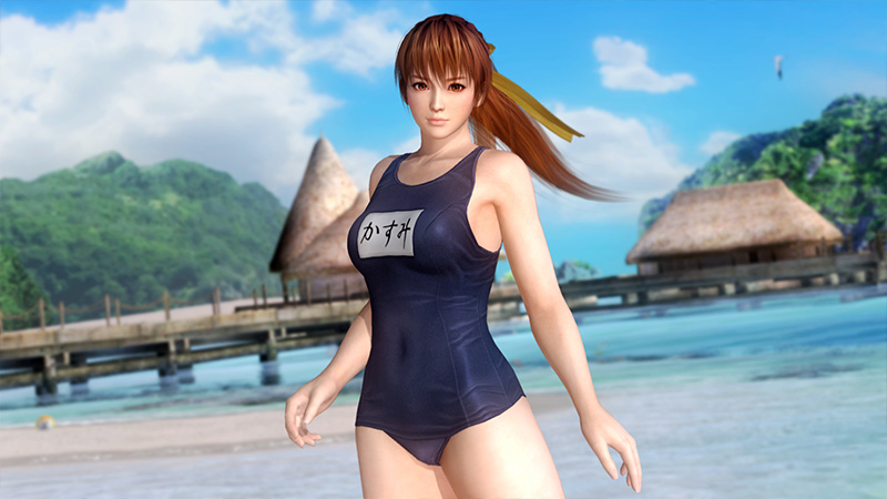 1girl 3d beach breasts brown_hair dead_or_alive dead_or_alive_5 kasumi large_breasts ocean official_art ponytail school_swimsuit solo swimsuit