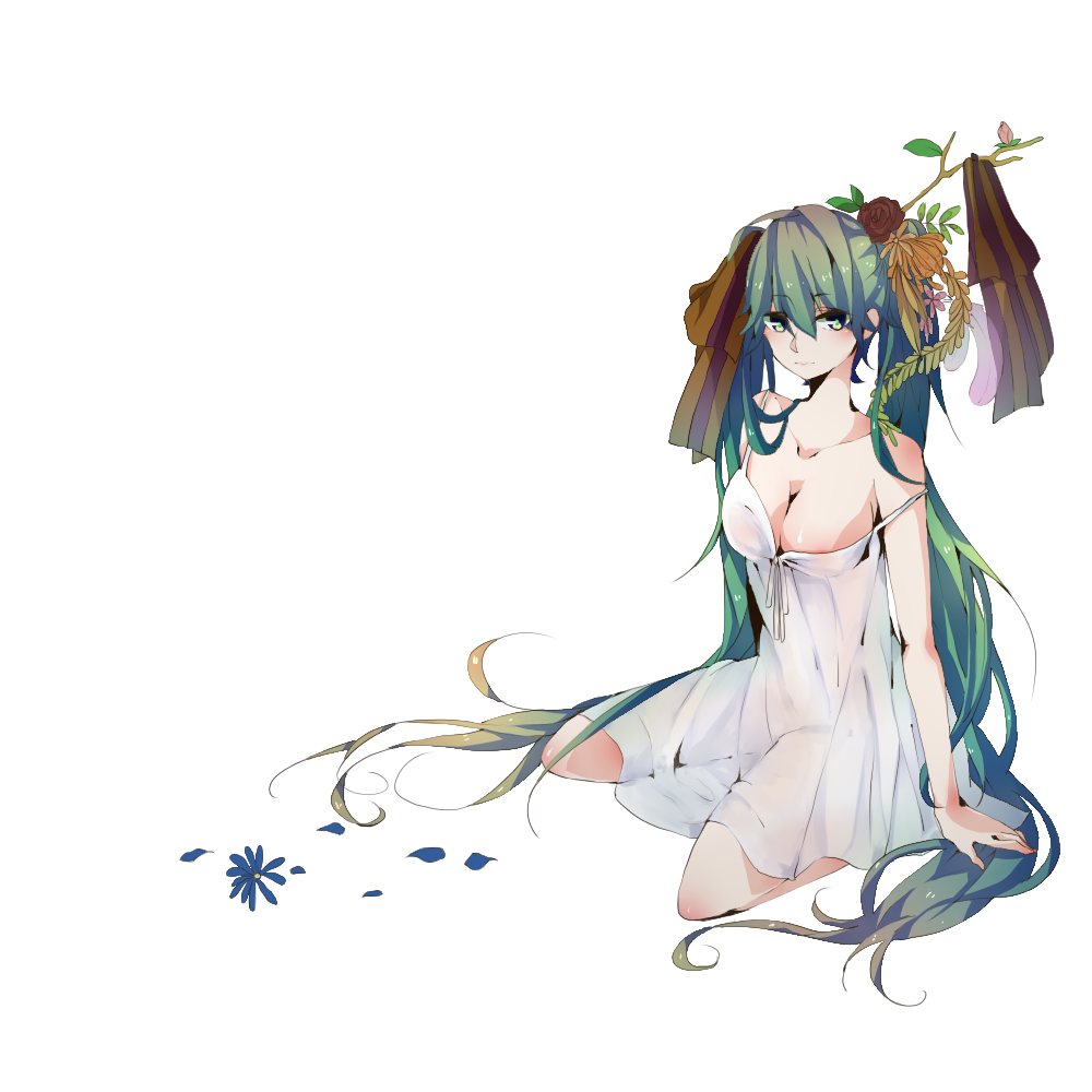 bad_id bad_pixiv_id breasts dress full_body green_eyes green_hair hatsune_miku long_hair medium_breasts natsukaze_(at963107864) sitting solo strap_slip transparent_background twintails very_long_hair vocaloid