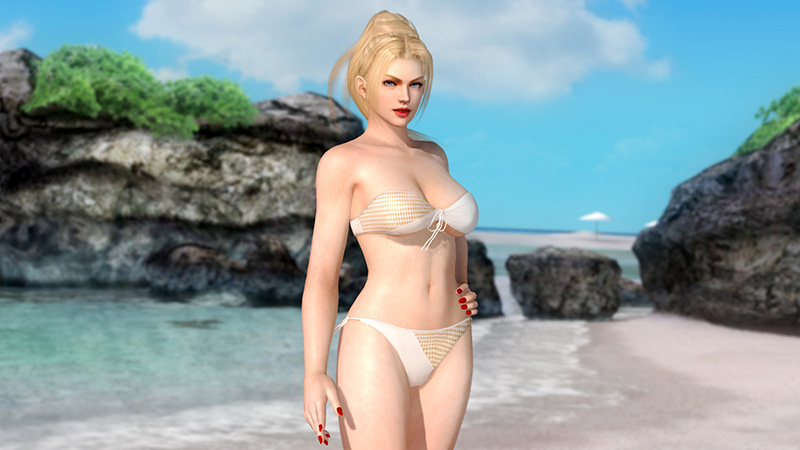 1girl 3d beach blonde_hair dead_or_alive dead_or_alive_5 ninja_gaiden ocean official_art rachel rachel_(ninja_gaiden) swimsuit tecmo
