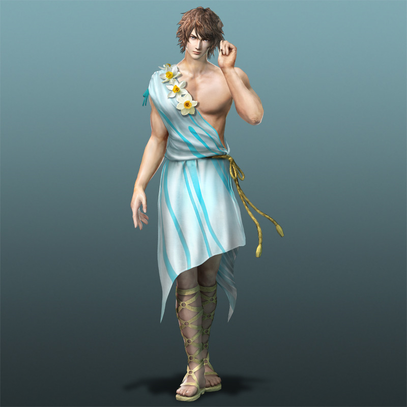 flower gradient gradient_background grey_background looking_at_viewer narcissus shin_sangoku_musou short_hair simple_background solo toga zhong_hui