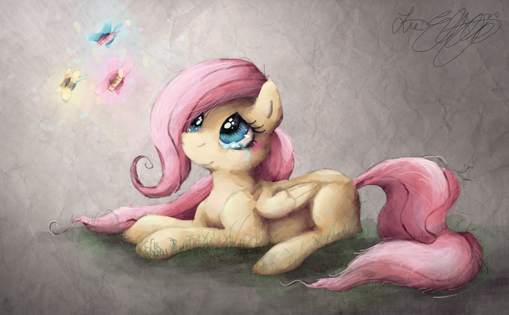 blue_eyes blush butterfly colored crying equine feathers female feral fluttershy_(mlp) friendship_is_magic fur grass hair hair_over_eye horse insect light long_hair malicieuxx mammal my_little_pony pegasus pink_hair pony signature sketch solo tears wings yellow_fur young