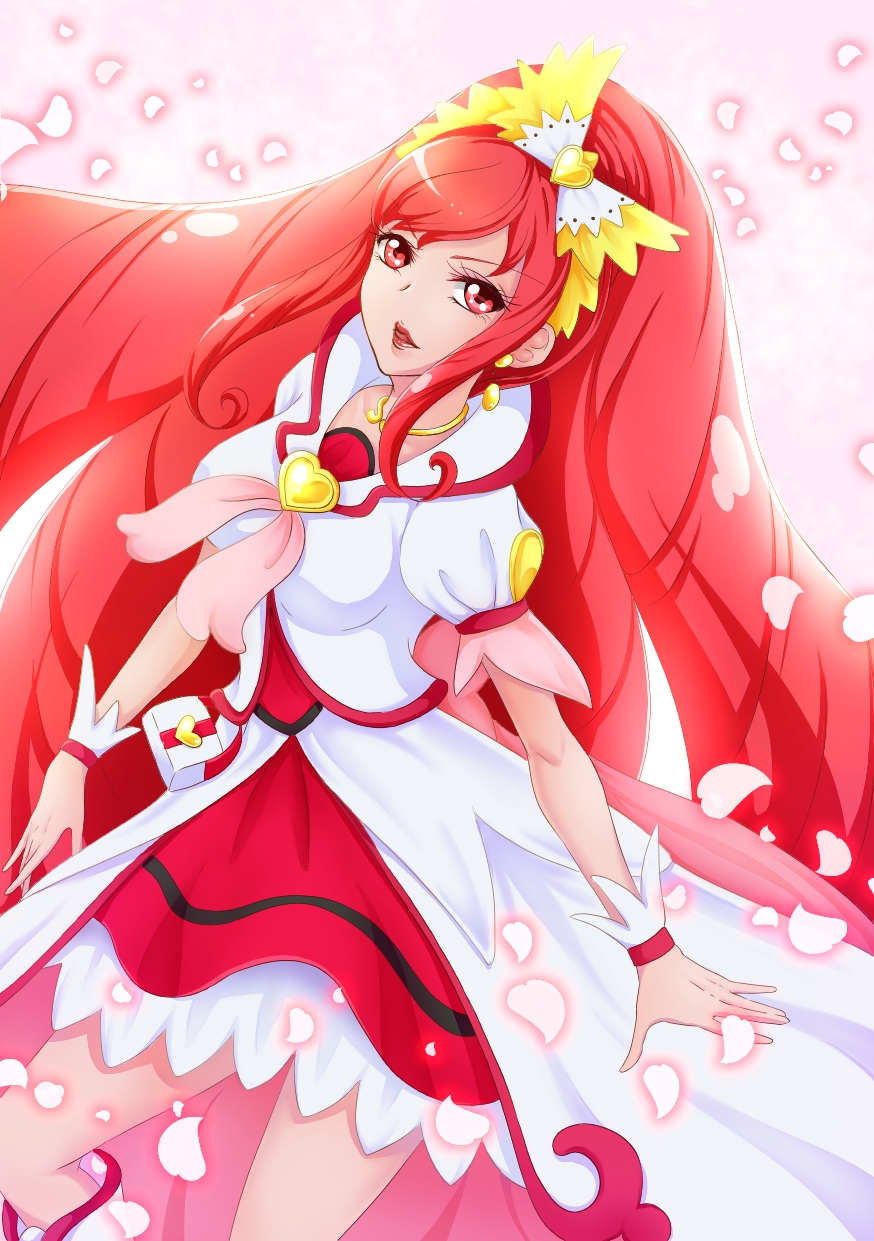 bad_id bad_pixiv_id blush boots bow breasts brooch choker cure_ace dokidoki!_precure dress hair_bow heart highres jewelry lipstick long_hair madoka_aguri magical_girl makeup medium_breasts petals precure red_eyes red_hair red_skirt skirt smile solo uta_(yagashiro25) wrist_cuffs