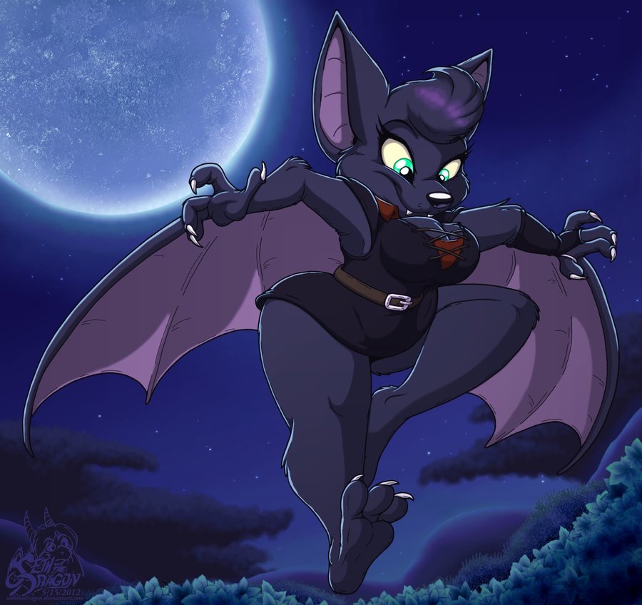 bare_feet bare_legs bat belt big_breasts breasts cleavage female flying midair moon night seththedragon smile solo tunic wide_hips wings