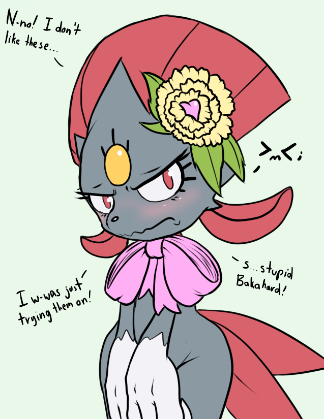 blush bow_tie cute embarrassed english_text female flower looking_at_viewer nintendo pok&#233;mon pok&eacute;mon red_eyes solo teckworks text tsundere video_games weavile