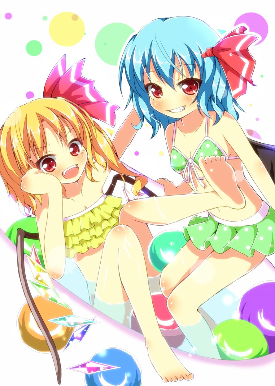 ball barefoot bat_wings bikini bikini_skirt blonde_hair blue_hair collarbone fang flandre_scarlet frilled_bikini frills green_bikini grin hair_ribbon highres leg_up looking_at_viewer multiple_girls open_mouth red_eyes remilia_scarlet ribbon silver_hair smile swimsuit touhou water wet wet_hair wings yellow_bikini yuimari