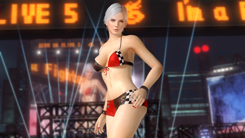 1girl 3d alternate_hairstyle breasts christie christie_(doa) copyright_name dead_or_alive dead_or_alive_5 large_breasts midriff official_art race_suit tecmo