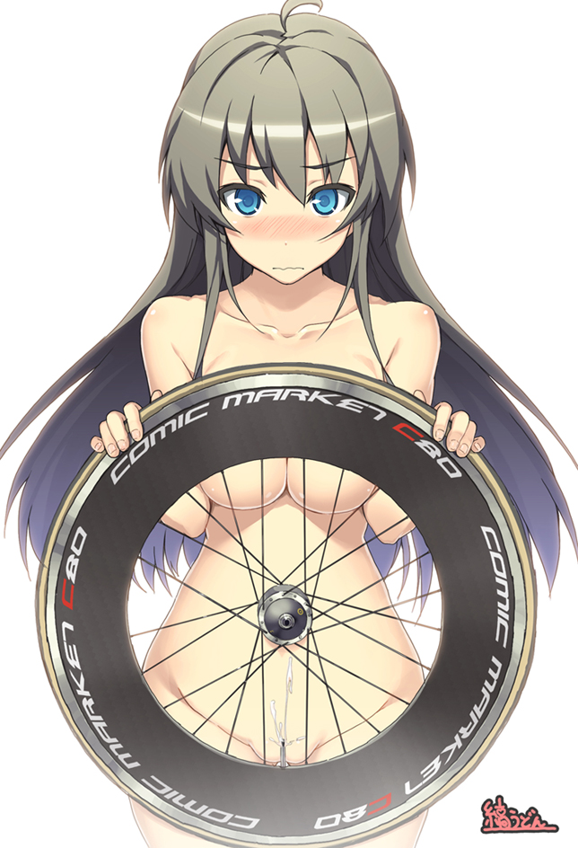 ahoge blue_eyes blush breasts censored convenient_censoring embarrassed long_hair looking_at_viewer medium_breasts nude original shima_udon silver_hair simple_background solo wavy_mouth wheel white_background