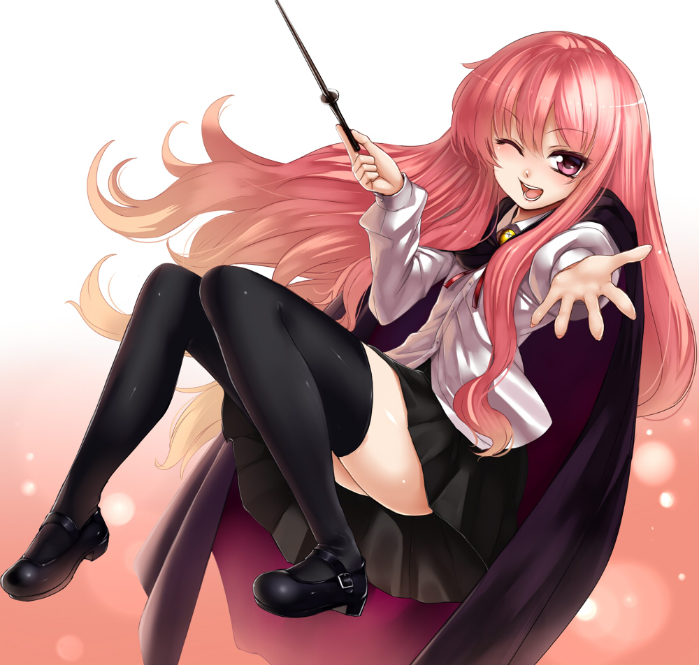 ;d bad_id bad_pixiv_id black_legwear blush cape long_hair looking_at_viewer louise_francoise_le_blanc_de_la_valliere mary_janes one_eye_closed open_mouth outstretched_hand pink_eyes shoes smile solo takemori_shintarou thighhighs wand zero_no_tsukaima zettai_ryouiki