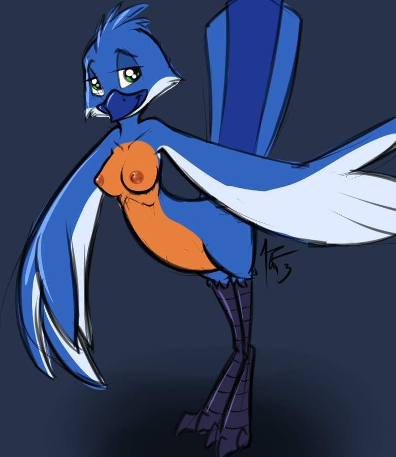 anthro avian bird blue_feathers breasts female nipples non-mammal_breasts nude siroc solo wings