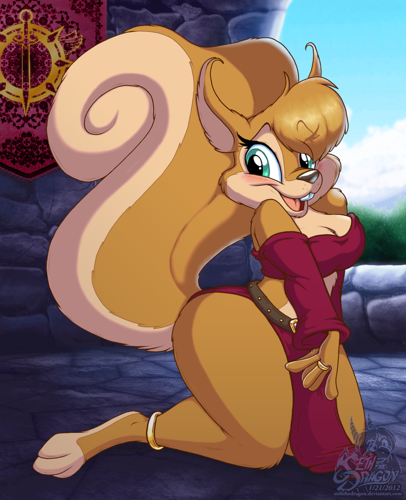bare_feet bare_legs belt big_breasts breasts cleavage dress female fluffy_tail kneeling looking_at_viewer magic_user midriff rodent seththedragon smile solo squirrel wide_hips
