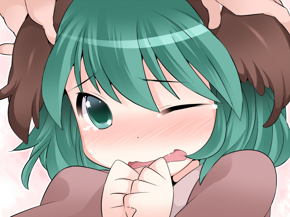 animal_ears blush commentary ear_grab face green_eyes green_hair hammer_(sunset_beach) kasodani_kyouko one_eye_closed open_mouth short_hair solo_focus tears touhou wince