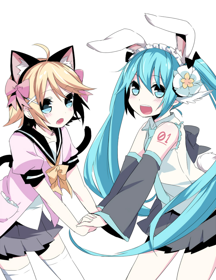 2girls ahoge animal_ears bunny_ears bunny_tail cat_ears cat_tail detached_sleeves fake_animal_ears fake_tail fang female hair_ornament hair_ornaments hand_holding hatsune_miku kagamine_rin kemonomimi_mode long_hair looking_at_viewer mizuki_(koko_lost) multiple_girls open_mouth pleated_skirt school_uniform short_hair simple_background skirt tail thighhighs twintails uniform very_long_hair vocaloid white_legwear zettai_ryouiki