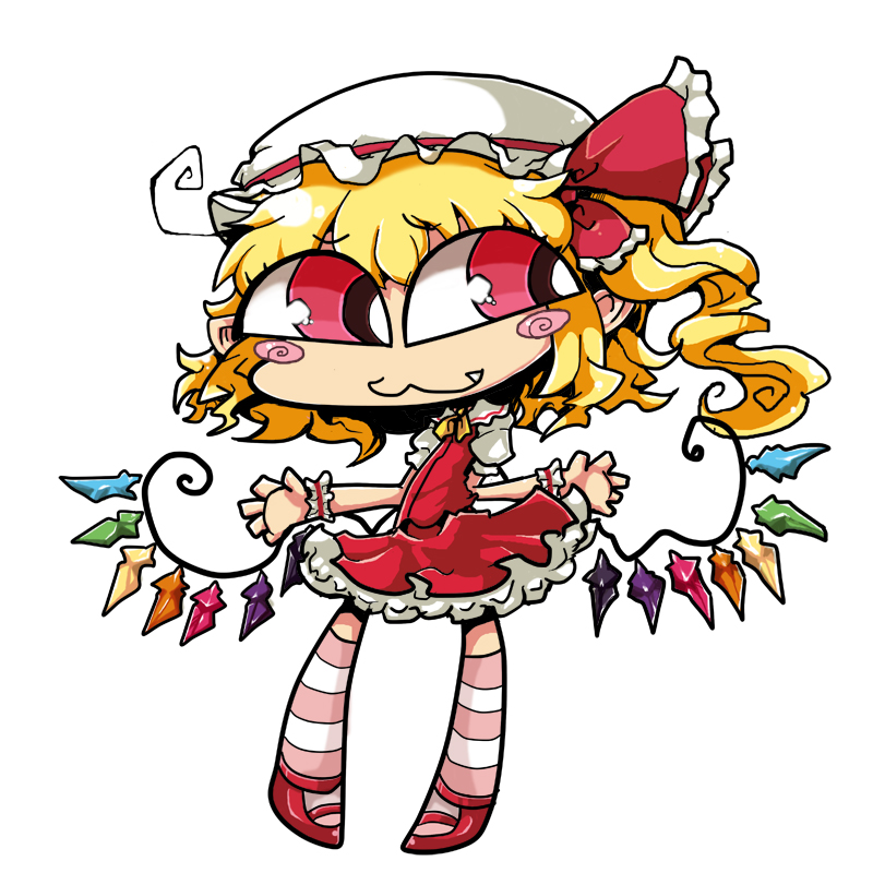 :3 blonde_hair blush_stickers chibi flandre_scarlet full_body hat matarou no_nose red_footwear shoes sideways_glance skirt skirt_set solo striped striped_legwear thighhighs touhou white_background wings