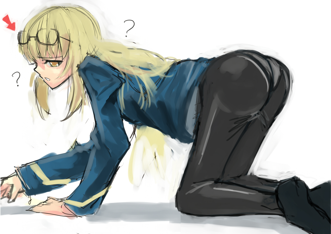 ? all_fours ass bad_id bad_pixiv_id blonde_hair eyewear_on_head glasses long_hair panties panties_under_pantyhose pantyhose perrine_h_clostermann posidoc sketch solo strike_witches underwear uniform white_background world_witches_series