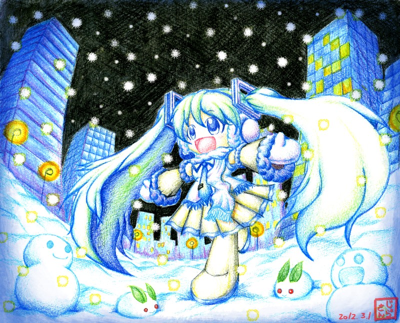 aqua_hair building chibi dated earmuffs fur_trim gloves hatsune_miku headphones jora_(joraemon) lamppost leaf long_hair mittens necktie night night_sky no_nose open_mouth outstretched_arms pleated_skirt scarf signature skirt sky snow snow_bunny snowing snowman solo spread_arms very_long_hair vocaloid