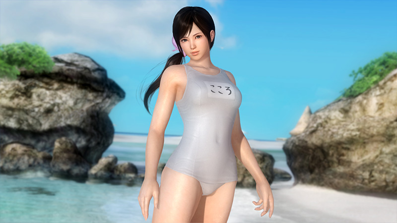 1girl 3d beach black_hair breasts dead_or_alive dead_or_alive_5 kokoro_(doa) large_breasts ocean official_art ponytail school_swimsuit solo swimsuit