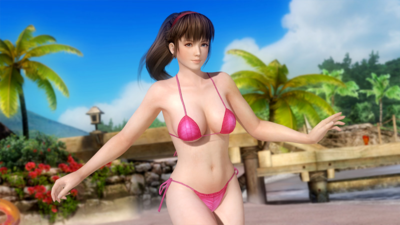 1girl 3d alternate_hairstyle beach bikini blue_eyes breasts brown_hair dead_or_alive dead_or_alive_5 hitomi hitomi_(doa) large_breasts long_hair ocean official_art ponytail solo swimsuit tecmo