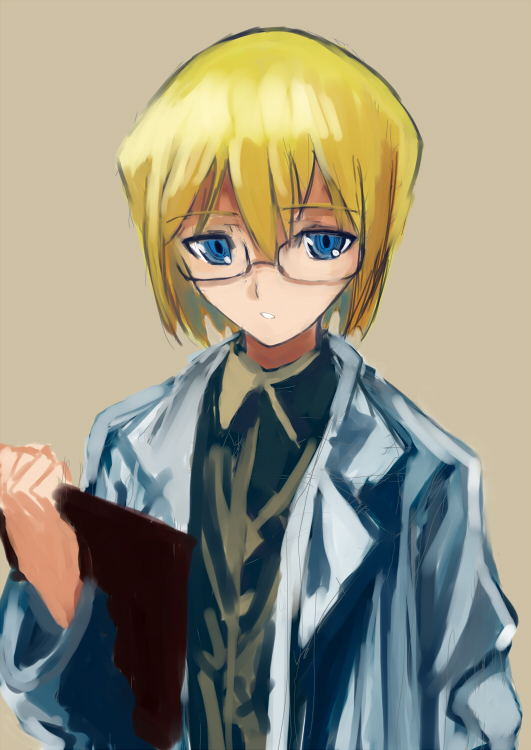 bad_id bad_pixiv_id blonde_hair blue_eyes clipboard glasses labcoat long_sleeves posidoc simple_background solo strike_witches ursula_hartmann world_witches_series
