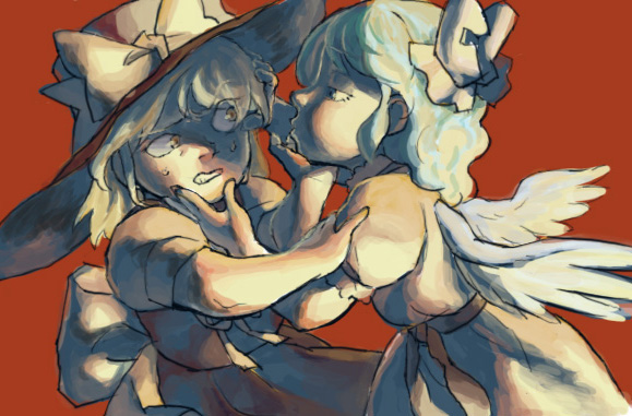 blonde_hair blue_hair clenched_teeth d-nobi hat imminent_kiss mai_(touhou) multiple_girls nervous pushing_away red_background short_hair simple_background sweat teeth touhou touhou_(pc-98) wings yuki_(touhou)