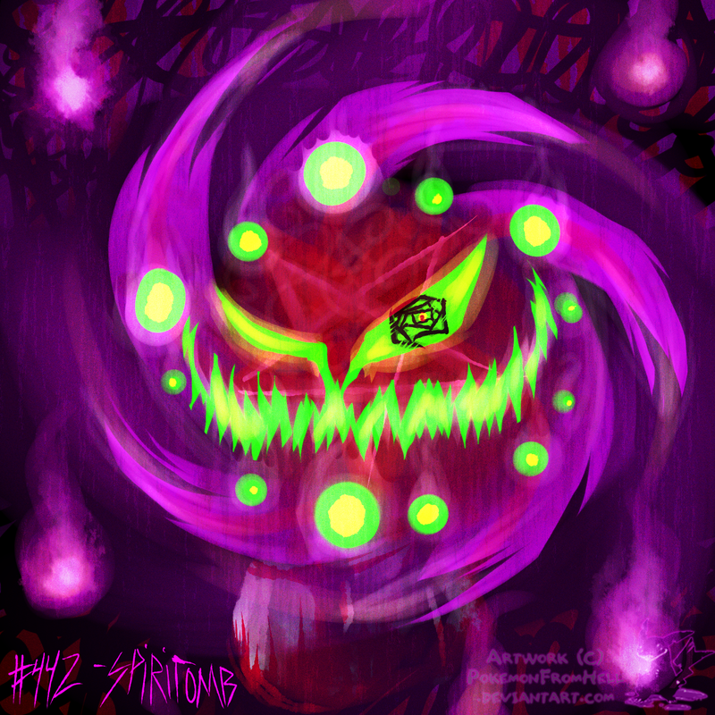 creepy fire green_eyes grin looking_at_viewer nintendo pentagram pok&#233;mon pok&eacute;mon pokemonfromhell purple_background smile solo spiritomb video_games