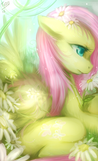 equine feathers female feral flower fluttershy_(mlp) friendship_is_magic fur grass hair horse long_hair mammal my_little_pony outside pegasus pink_hair pony solo sparkles tiaamaito wings yellow_fur