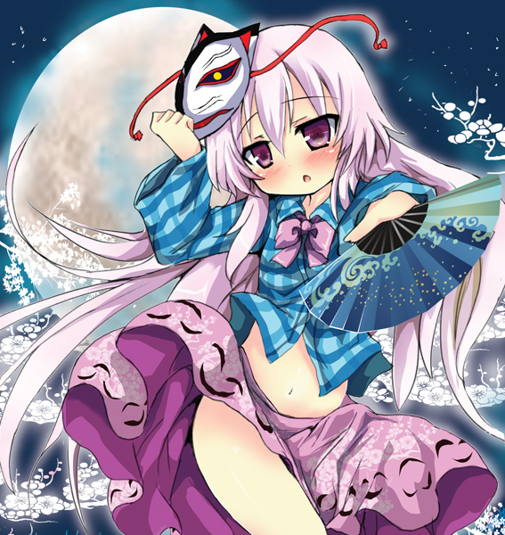 bad_id bad_pixiv_id blush bow face_mask fan folding_fan fox_mask hata_no_kokoro long_hair long_sleeves looking_at_viewer mask midriff moon navel night open_mouth oshiruko_(uminekotei) outstretched_arm pink_eyes pink_hair plaid plaid_shirt plant shirt skirt sky solo touhou very_long_hair vines wide_sleeves