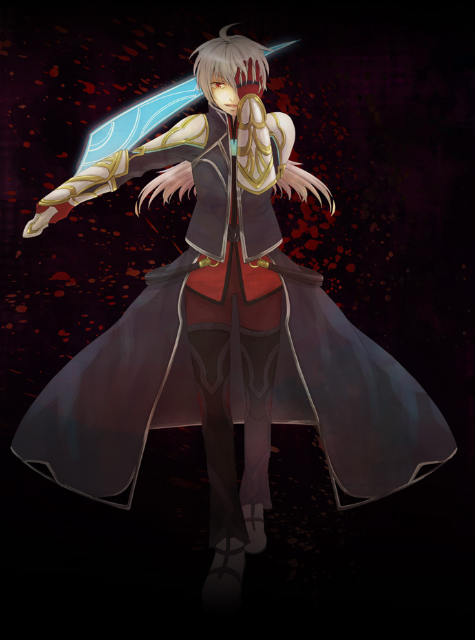 atelier_(series) black_background cloak full_body holding holding_sword holding_weapon long_sleeves looking_at_viewer male_focus mana_khemia_(series) mana_khemia_2 red_eyes rewrich_wallach simple_background solo sword weapon white_hair