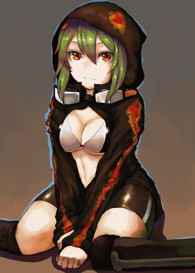 1girl bad_id bike_shorts bra breasts cleavage digimon digimon_world_re:digitize digimon_world_re:digitize_decode female goggles green_hair hood looking_at_viewer open_clothes open_shirt orange_eyes parka shaun_(fallenicons) shinomiya_rina shirt sitting solo underboob underwear