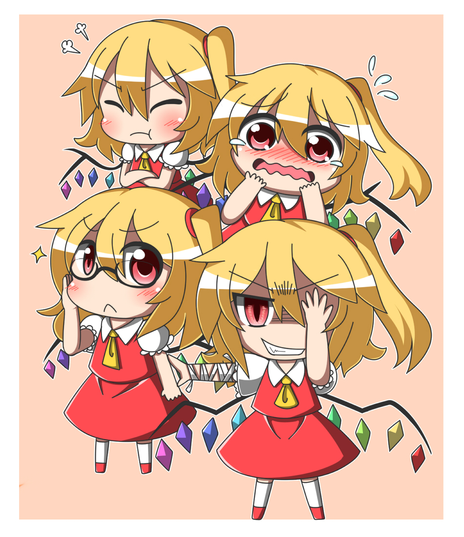 :&lt; :t ascot bandages bespectacled blonde_hair blush chibi clone closed_eyes fang feiton flandre_scarlet flying_sweatdrops four_of_a_kind_(touhou) glasses hat multiple_girls multiple_persona open_mouth red_eyes ribbon short_hair side_ponytail simple_background skirt slit_pupils smile tears touhou wavy_mouth wings