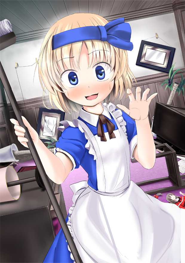 a_(aaaaaaaaaaw) alice_margatroid alice_margatroid_(pc-98) alternate_costume apron blonde_hair blue_eyes blue_hairband blush broken_glass broom character_doll commentary_request enmaided glass hairband looking_at_viewer maid maid_headdress messy_room plant portrait_(object) potted_plant shinki short_hair smile solo touhou touhou_(pc-98)