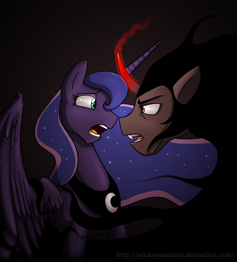 black_hair blue_eyes duo equine fangs female feral friendship_is_magic glowing hair horn king_sombra_(mlp) magic male mammal mickeymonster moon my_little_pony necklace princess_luna_(mlp) red_eyes shadow sparkles standing unicorn winged_unicorn wings