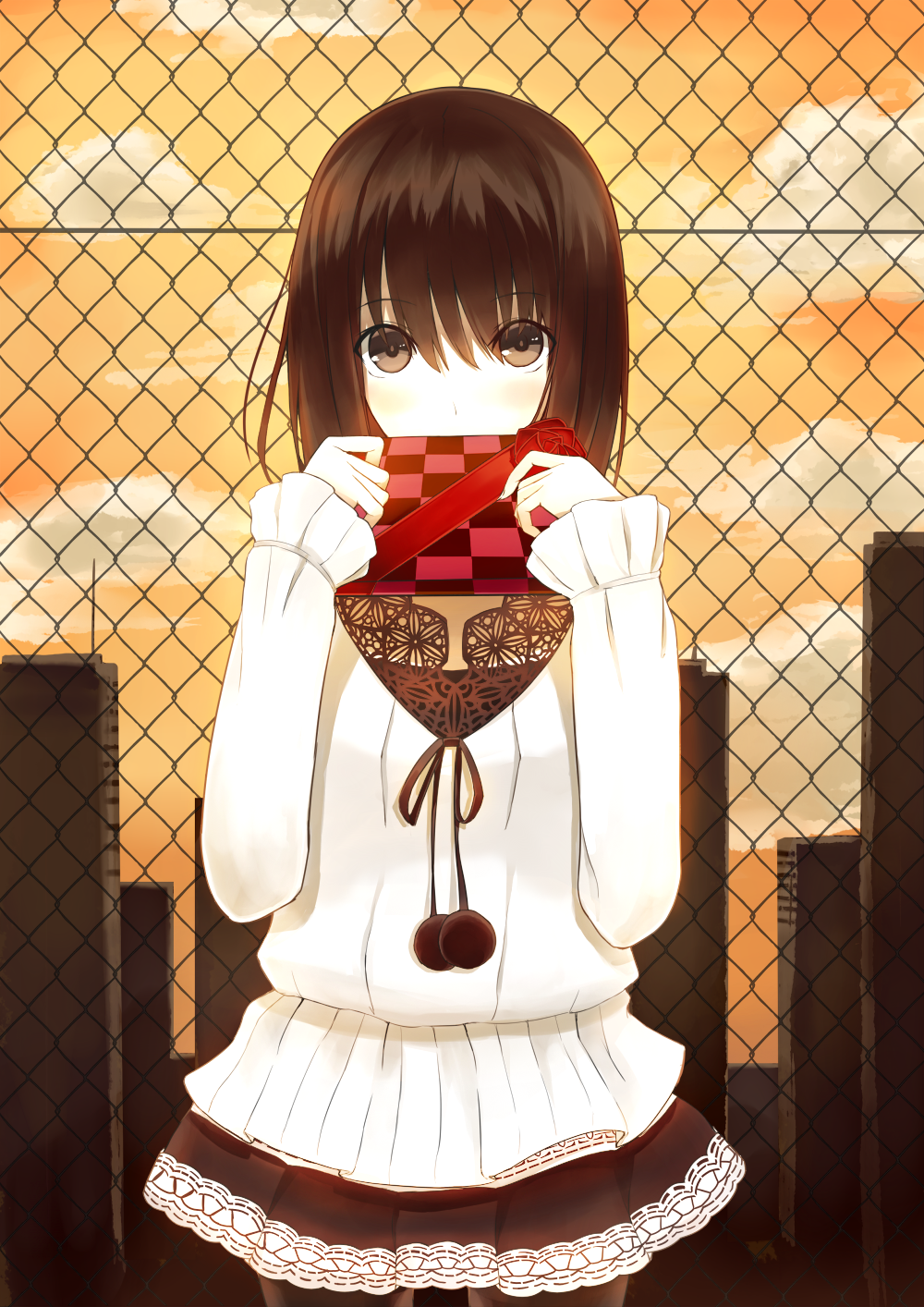 blush brown_eyes brown_hair building chain-link_fence checkered covering_mouth fence gift highres kauto lace lace-trimmed_skirt original pantyhose pullover skirt solo sunset valentine