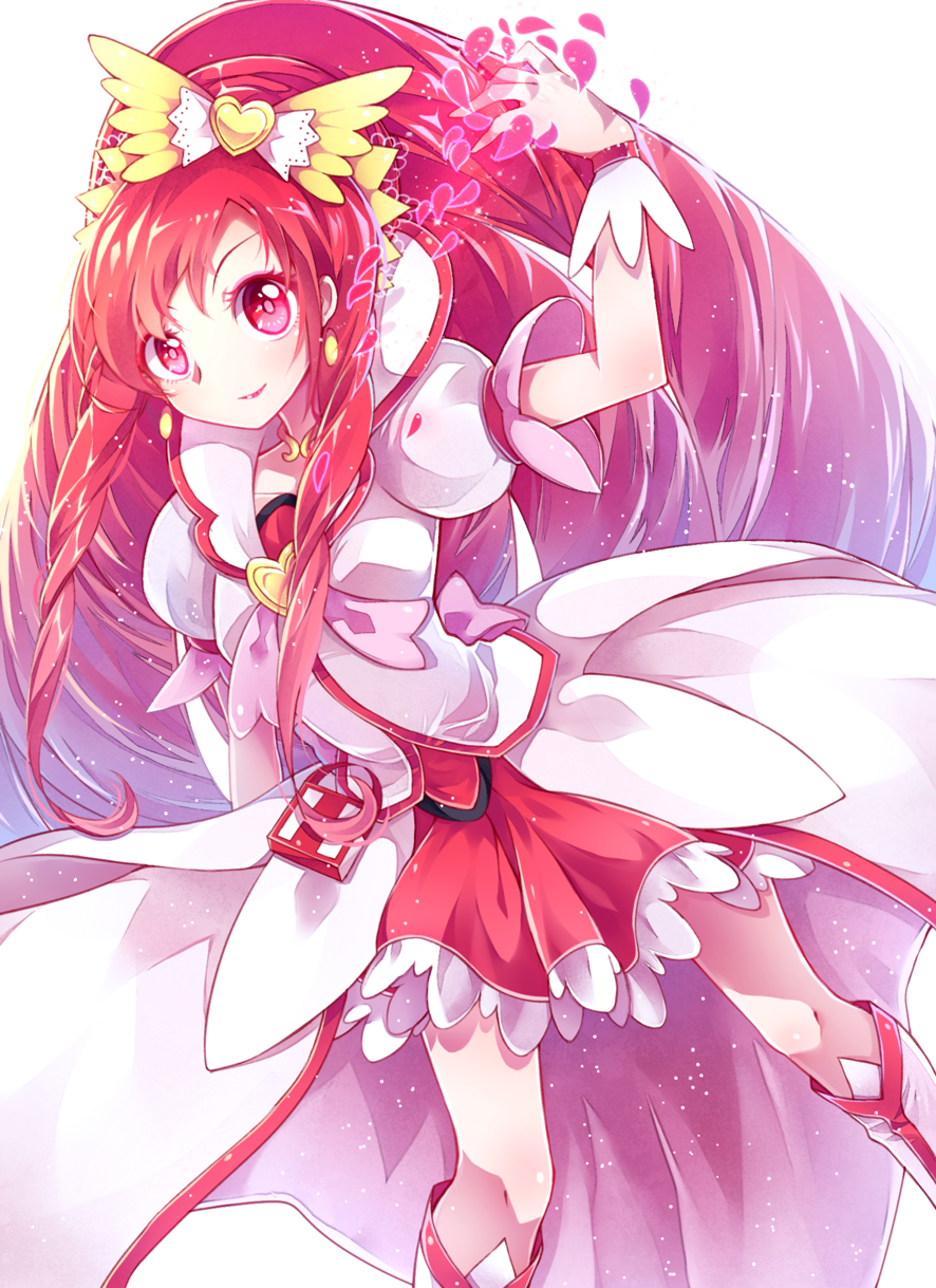 anthiea bad_id bad_pixiv_id boots bow brooch cure_ace dokidoki!_precure dress earrings hair_bow heart highres jewelry knee_boots lipstick long_hair madoka_aguri makeup petals precure red_eyes red_hair red_lipstick red_skirt skirt smile solo very_long_hair wrist_cuffs
