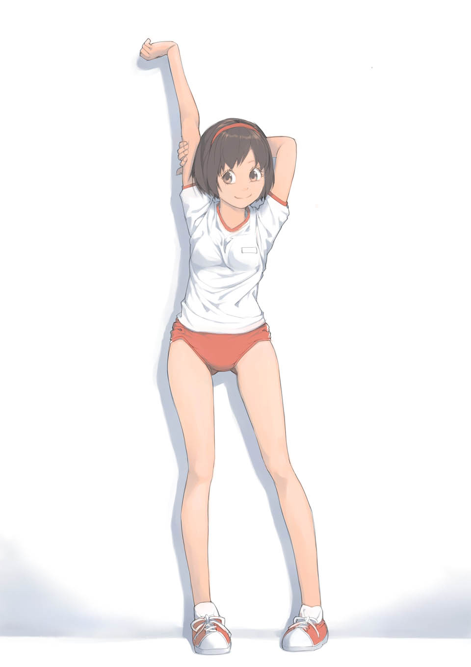akinbo_(hyouka_fuyou) arm_grab arm_up blush breasts brown_eyes brown_hair buruma full_body gym_uniform highres looking_at_viewer original short_hair small_breasts smile solo stretch