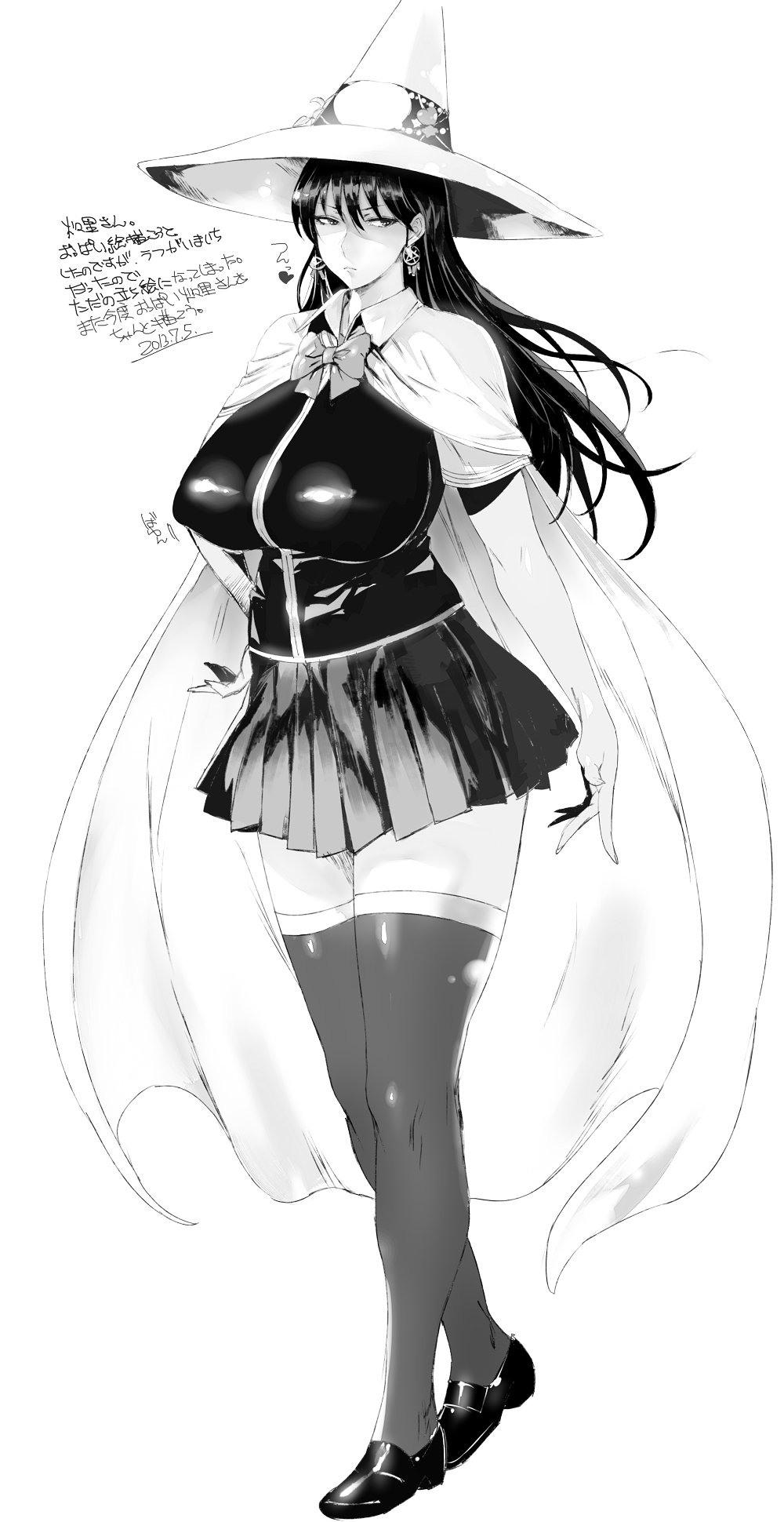 breasts cape dated earrings greyscale hand_on_hip hat highres huge_breasts jewelry kagari_ayaka long_hair monochrome orushibu pout simple_background skirt solo thighhighs translation_request white_background witch_craft_works witch_hat zettai_ryouiki