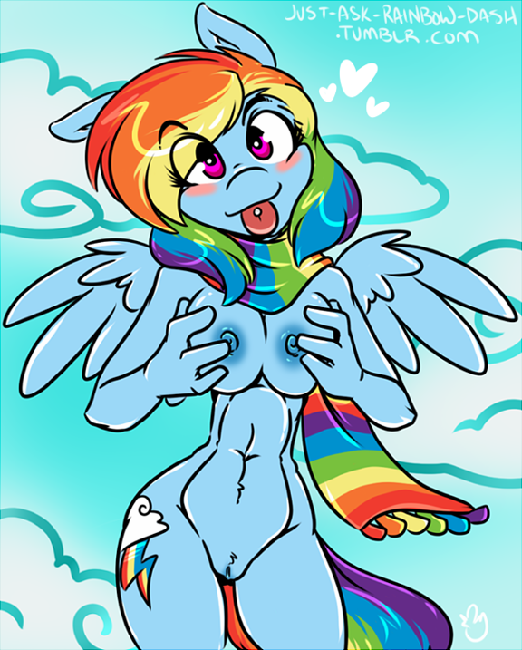 anthro anthrofied blue_fur blush cutie_mark english_text equine female friendship_is_magic fur hair horse looking_at_viewer mammal multi-colored_hair my_little_pony nude pegasus piercing pony purple_eyes pussy rainbow_dash_(mlp) rainbow_hair sad_fat_duck scarf solo text tongue tongue_out tongue_piercing wings