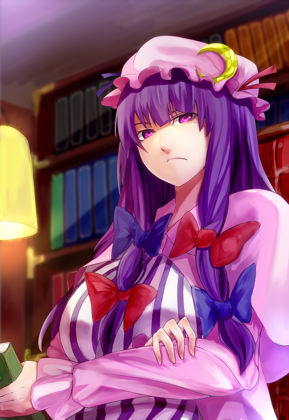 angry book bookshelf breasts crossed_arms highres holding holding_book lamp large_breasts looking_at_viewer minami_koyogi patchouli_knowledge solo touhou
