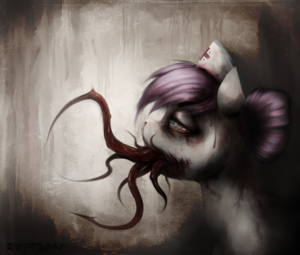 2013 blood blue_eyes dripping equine female feral friendship_is_magic fur gore hair half-closed_eyes hat horse mammal my_little_pony nosebleed nurse_hat nurse_redheart_(mlp) open_mouth pink_hair plain_background pony portrait simple_background solo tentacles ventious white_fur