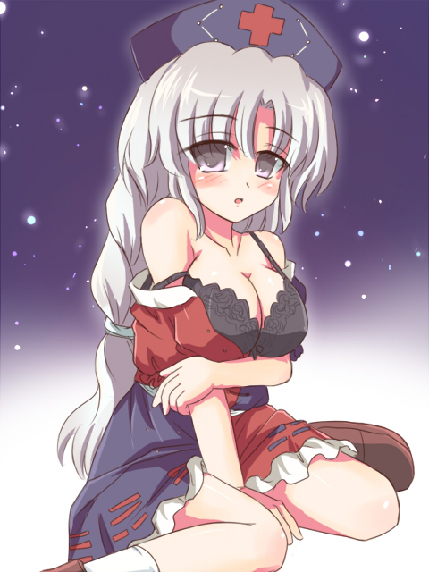 black_bra blush bra braid breasts cleavage dress grey_eyes hat lace lace-trimmed_bra large_breasts long_hair open_mouth ry silver_hair sitting snow solo touhou underwear undressing yagokoro_eirin