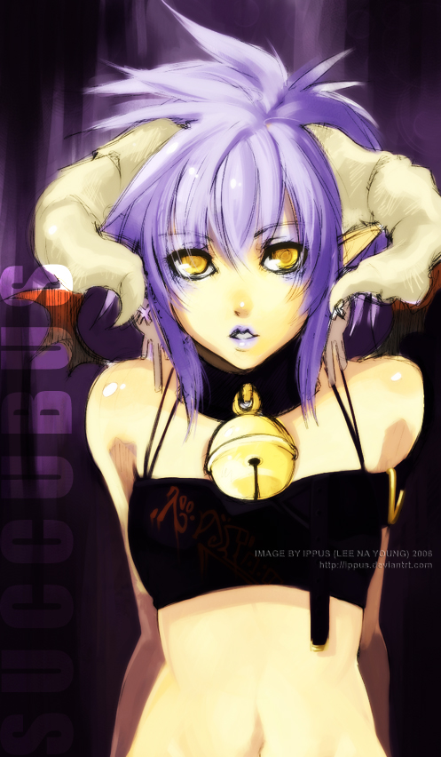 1girl 2006 bell bell_collar blue_hair collar demon_girl female horns ippus jingle_bell lipstick looking_at_viewer makeup midriff na_young_lee original pointy_ears short_hair solo succubus yellow_eyes