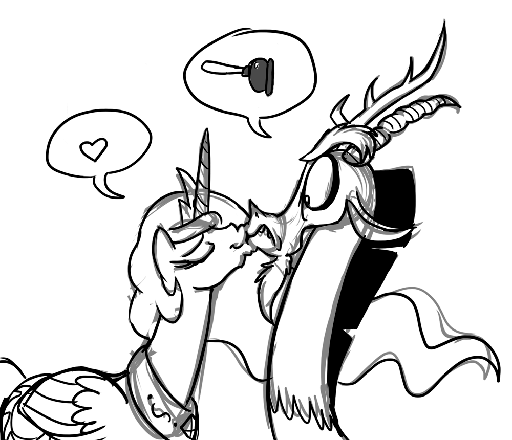 antler antlers black_and_white crown discord_(mlp) draconequus equine female feral friendship_is_magic horn horse kissing male mammal mickeymonster monochrome my_little_pony plain_background pony princess_celestia_(mlp) white_background winged_unicorn wings