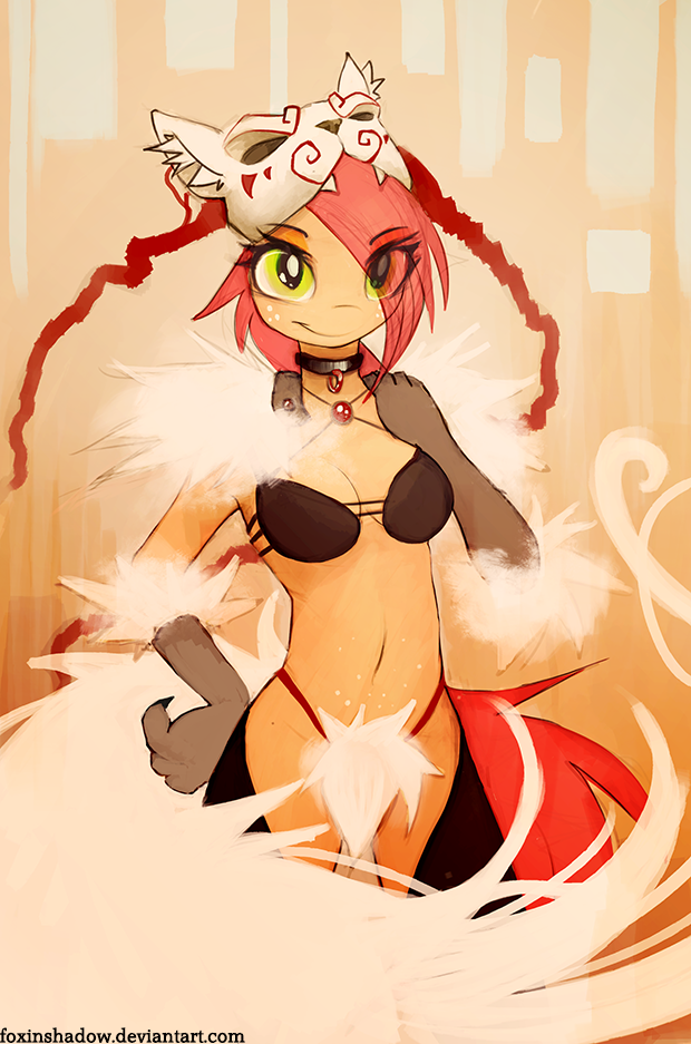 abstract_background anthro anthrofied babs_seed_(mlp) bra breasts canine collar costume equine female foxinshadow freckles friendship_is_magic fur gloves green_eyes hair horse mammal mask my_little_pony navel panties pony red_hair solo thong underwear wolf zero-sum