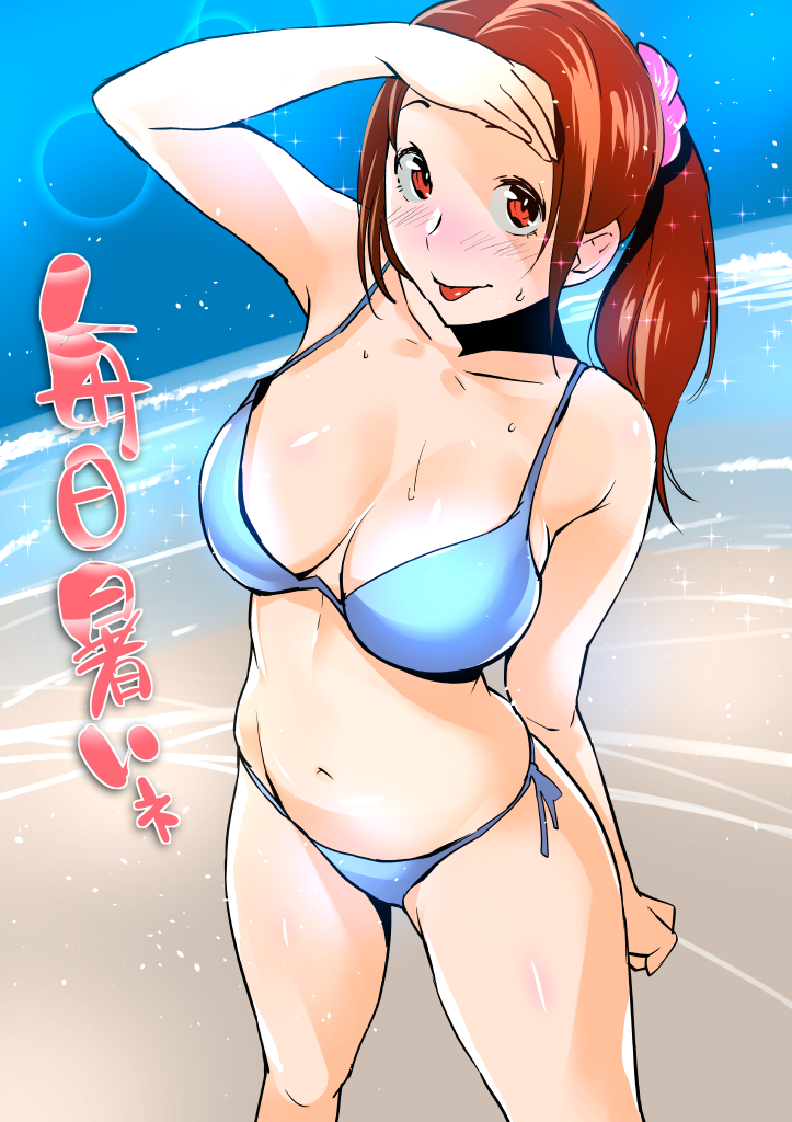 beach bikini breasts brown_eyes brown_hair day large_breasts ojo_(dfreak) original short_hair solo swimsuit twintails