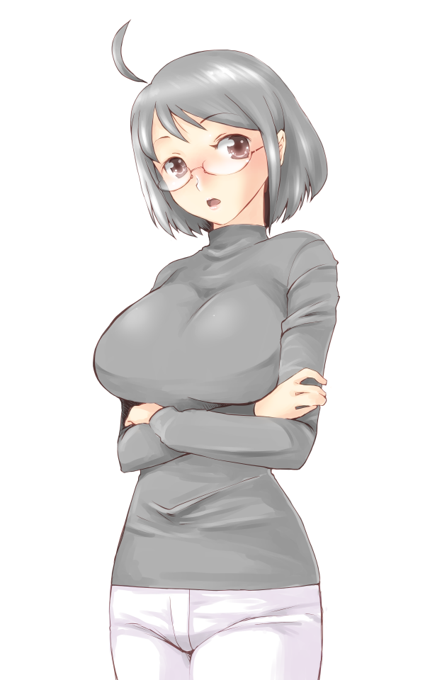 ahoge breast_hold breasts brown_eyes crossed_arms glasses grey_hair huge_breasts minato_(leap-up) parted_lips semi-rimless_eyewear servant_x_service sweater turtleneck under-rim_eyewear yamagami_lucy