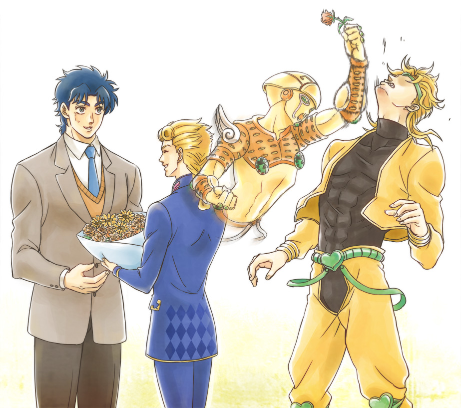 blonde_hair blue_eyes bouquet dio_brando father's_day father_and_son flower giorno_giovanna gold_experience jojo_no_kimyou_na_bouken jonathan_joestar multiple_boys nora_(act2) punching stand_(jojo)