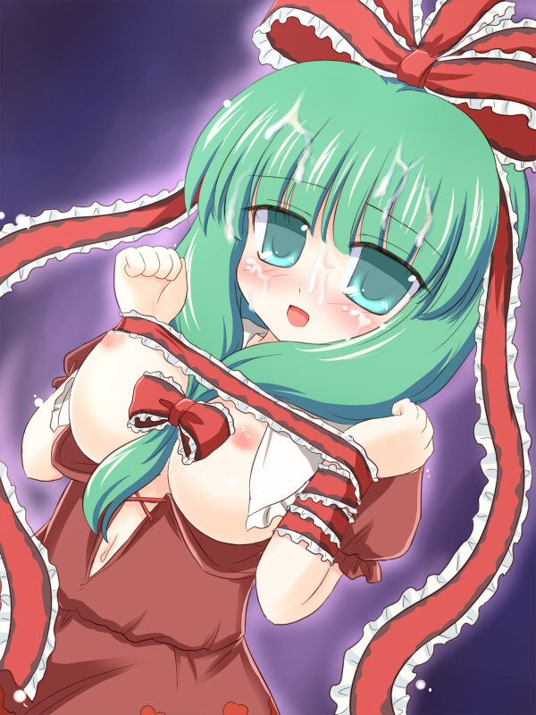 bdsm between_breasts bondage bound bow breasts breasts_outside dress frills front_ponytail green_eyes green_hair hair_bow hair_ribbon kagiyama_hina long_hair medium_breasts open_mouth red_dress red_ribbon ribbon ribbon_bondage ry sexually_suggestive smile solo touhou