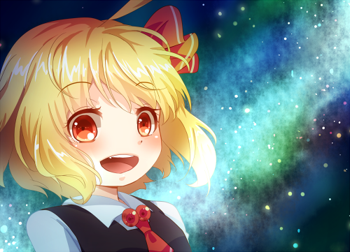 ahoge bad_id bad_pixiv_id blonde_hair dress_shirt fang hair_ribbon looking_at_viewer lowres milky_way necktie night night_sky open_mouth red_eyes ribbon rumia sakuyabm shirt short_hair sky solo star_(sky) starry_sky touhou vest