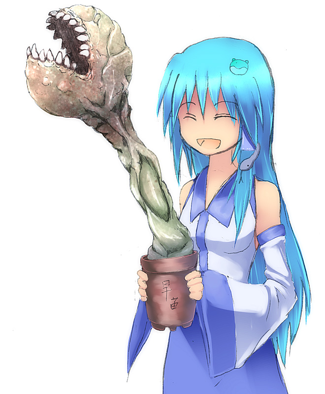 alternate_hair_color blue_hair closed_eyes kochiya_sanae monster no_nose onibi_(foxhound4185) plant plant_monster potted_plant sharp_teeth smile teeth touhou