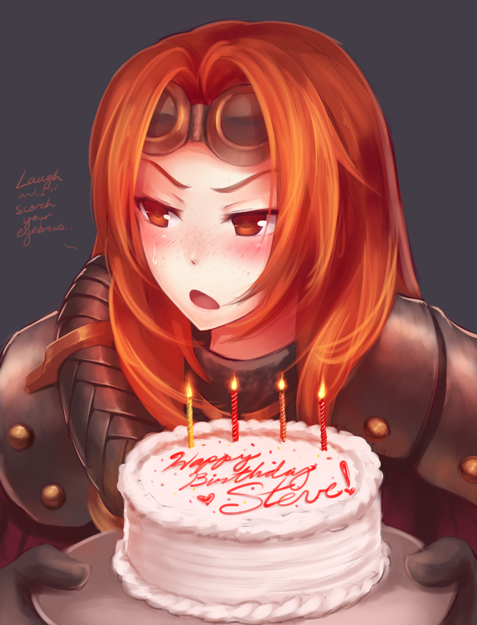 bangs birthday_cake blush cake chandra_nalaar english food freckles goggles goggles_on_head happy_birthday highres long_hair looking_away magic:_the_gathering parted_bangs red_eyes red_hair ricegnat simple_background solo sweatdrop tsundere